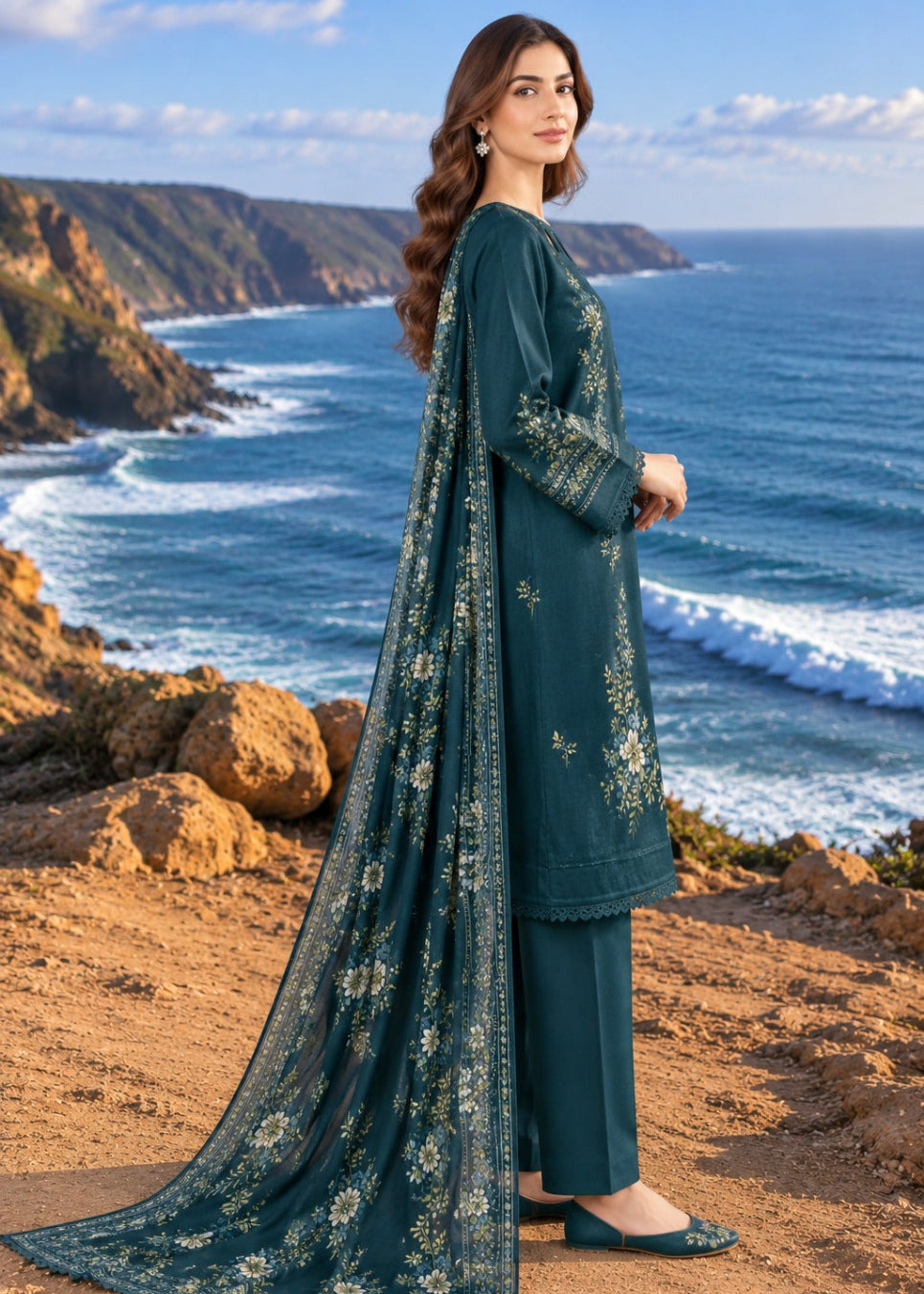 A woman stands on a rocky coastal cliff wearing a dark teal traditional outfit with floral embroidery and a matching long dupatta, with the ocean and cliffs in the background.