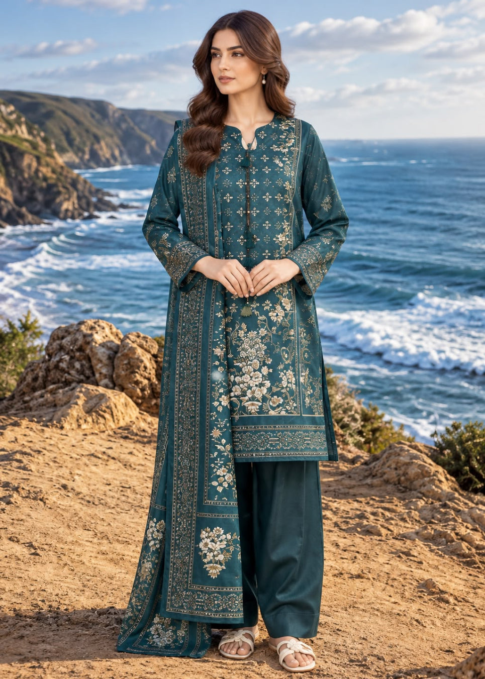 A woman stands on a rocky coastal cliff wearing a teal embroidered traditional outfit with matching pants and a draped scarf, with the ocean and shoreline in the background.