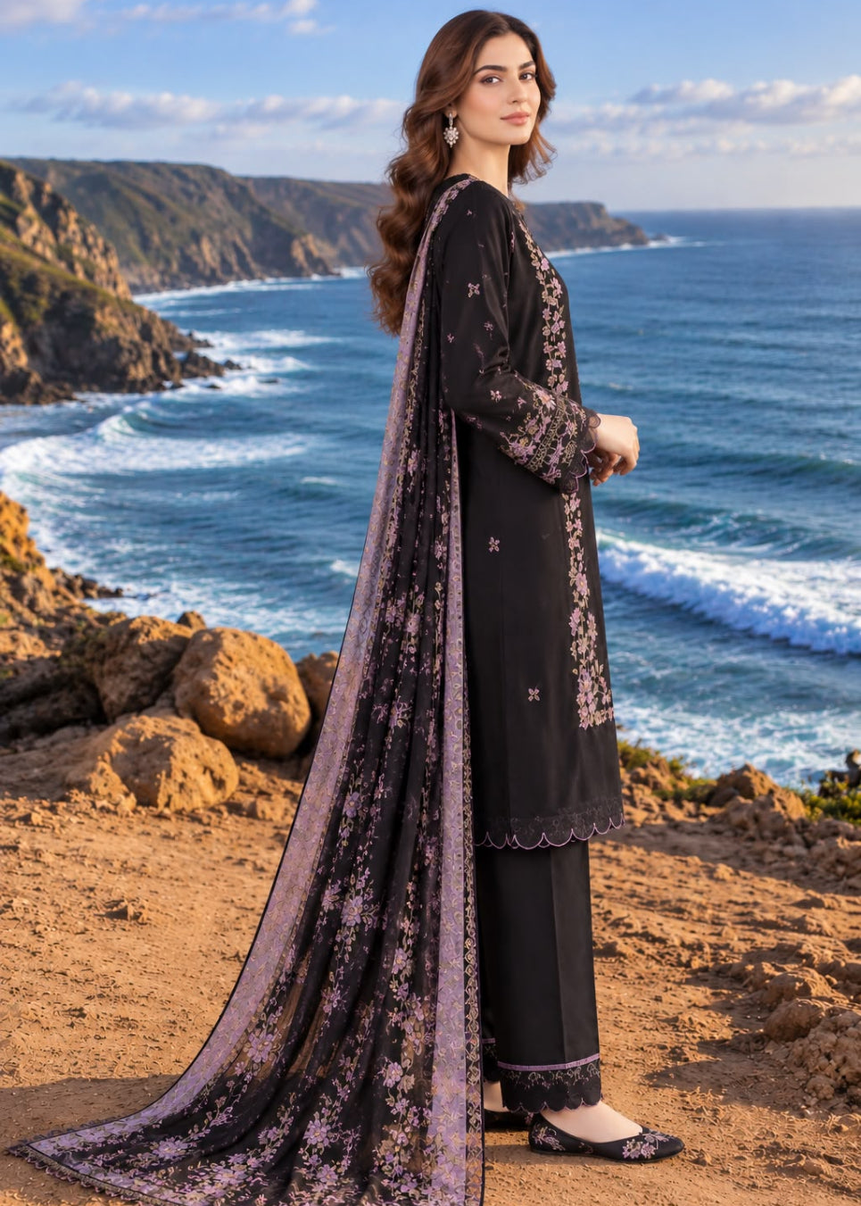 A woman stands on a rocky coastal cliff wearing a black traditional outfit with purple floral embroidery and a matching long dupatta, with the ocean and green cliffs in the background.