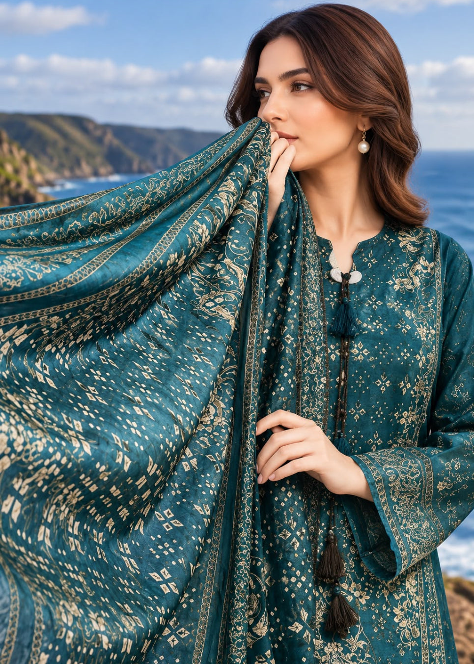 A woman outdoors by the sea wears a teal embroidered traditional outfit with a matching sheer dupatta draped over her shoulder. The fabric has beige floral and geometric patterns, and the background shows ocean and hills.