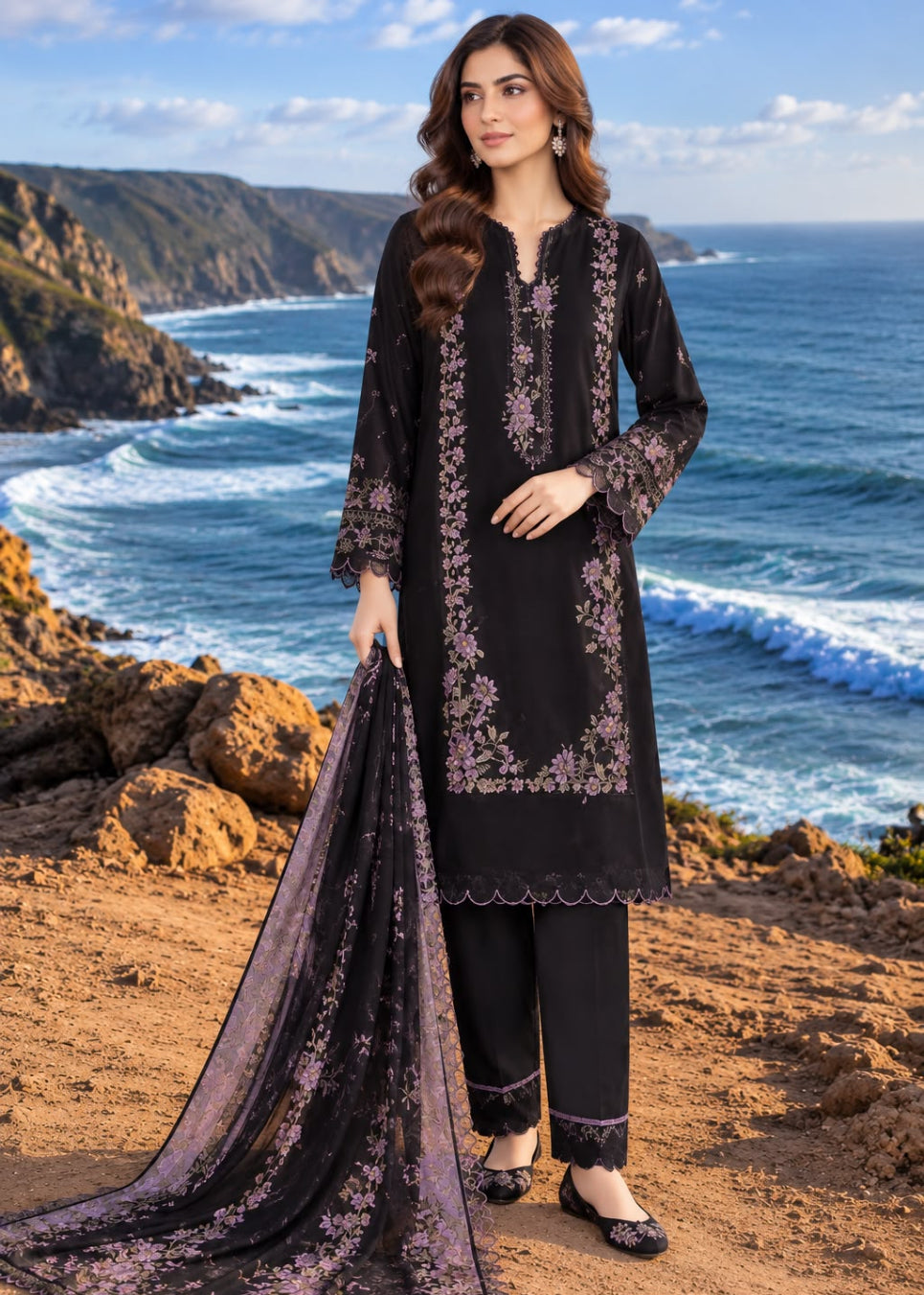 A woman stands on a rocky coastal cliff wearing a black embroidered kurta set with matching pants and a sheer dupatta. The outfit features pink floral embroidery and lace trim, with a scenic ocean and mountains in the background.