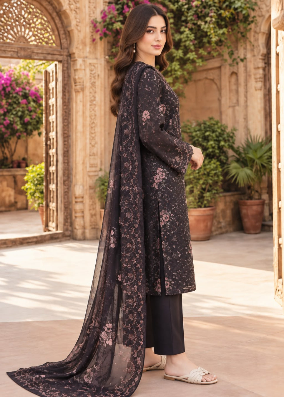 A woman models a black floral printed salwar kameez suit with a matching dupatta in an outdoor courtyard setting with stone arches and potted plants.
