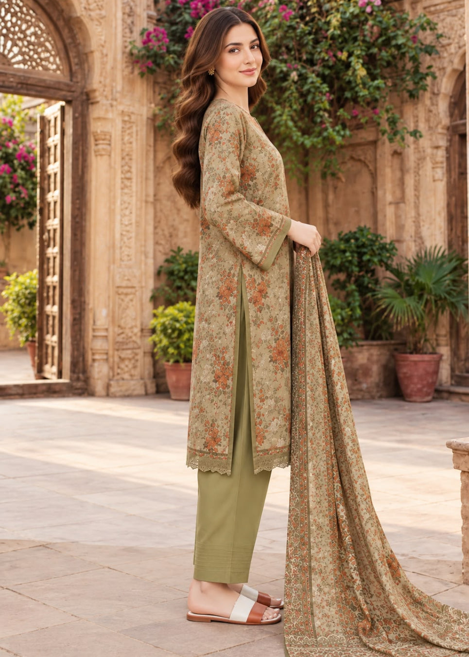 A woman stands in an outdoor courtyard wearing a traditional Indian salwar kameez outfit. The outfit consists of an olive green kurta with rust-orange floral embroidery, matching olive green trousers, and a beige dupatta with a brown floral pattern.