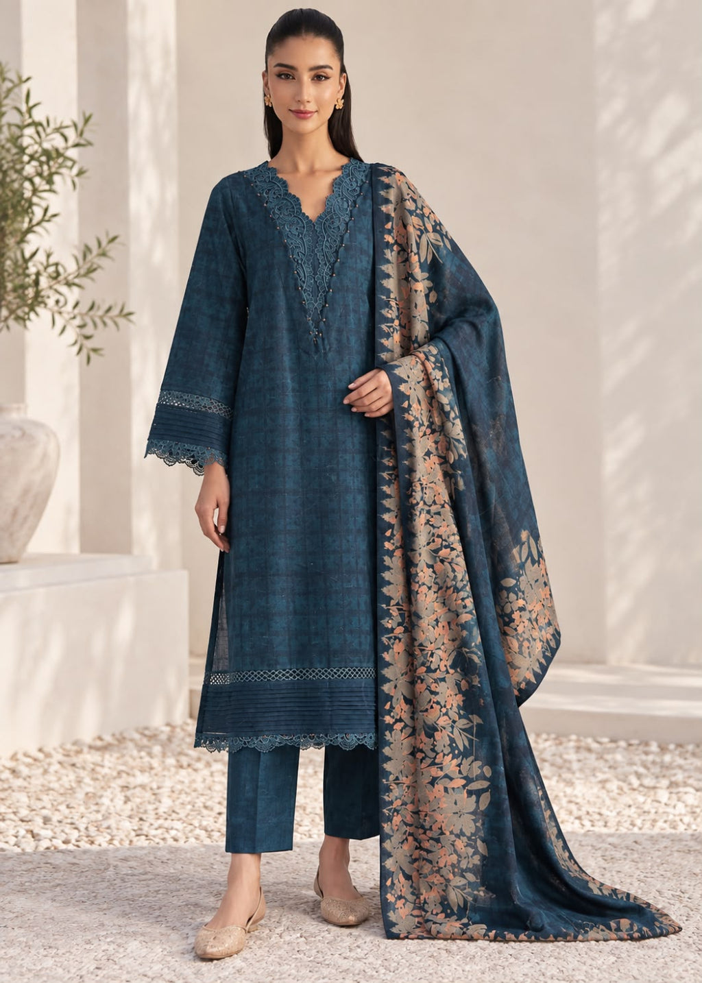 A woman models a three-piece traditional Indian outfit consisting of a dark blue printed kurta, matching trousers, and a sheer dupatta with a beige and blue floral pattern, set against a neutral architectural background.