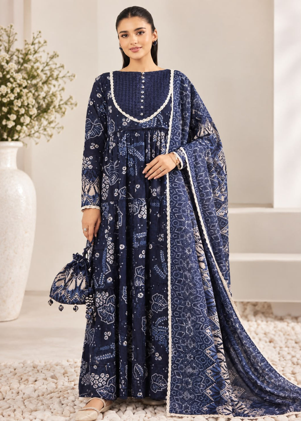 A woman models a navy blue traditional outfit with white floral block prints, featuring a long kurta, wide sleeves, and a matching dupatta, styled with a matching handbag in a bright indoor setting.