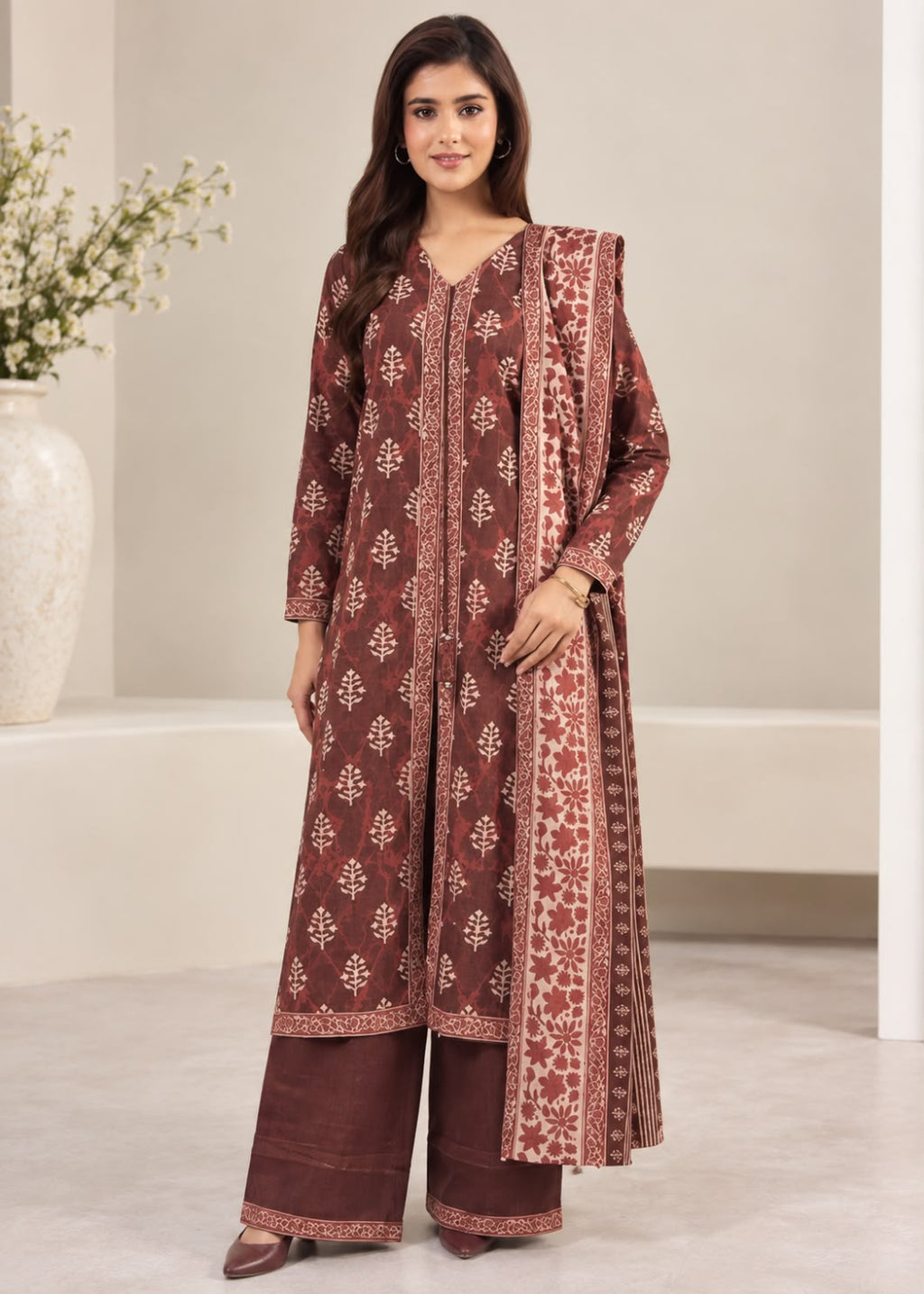 A woman models a traditional Indian outfit consisting of a long-sleeved brown kurta with beige floral embroidery, matching wide-leg trousers, and a coordinating dupatta, set against a neutral indoor background.