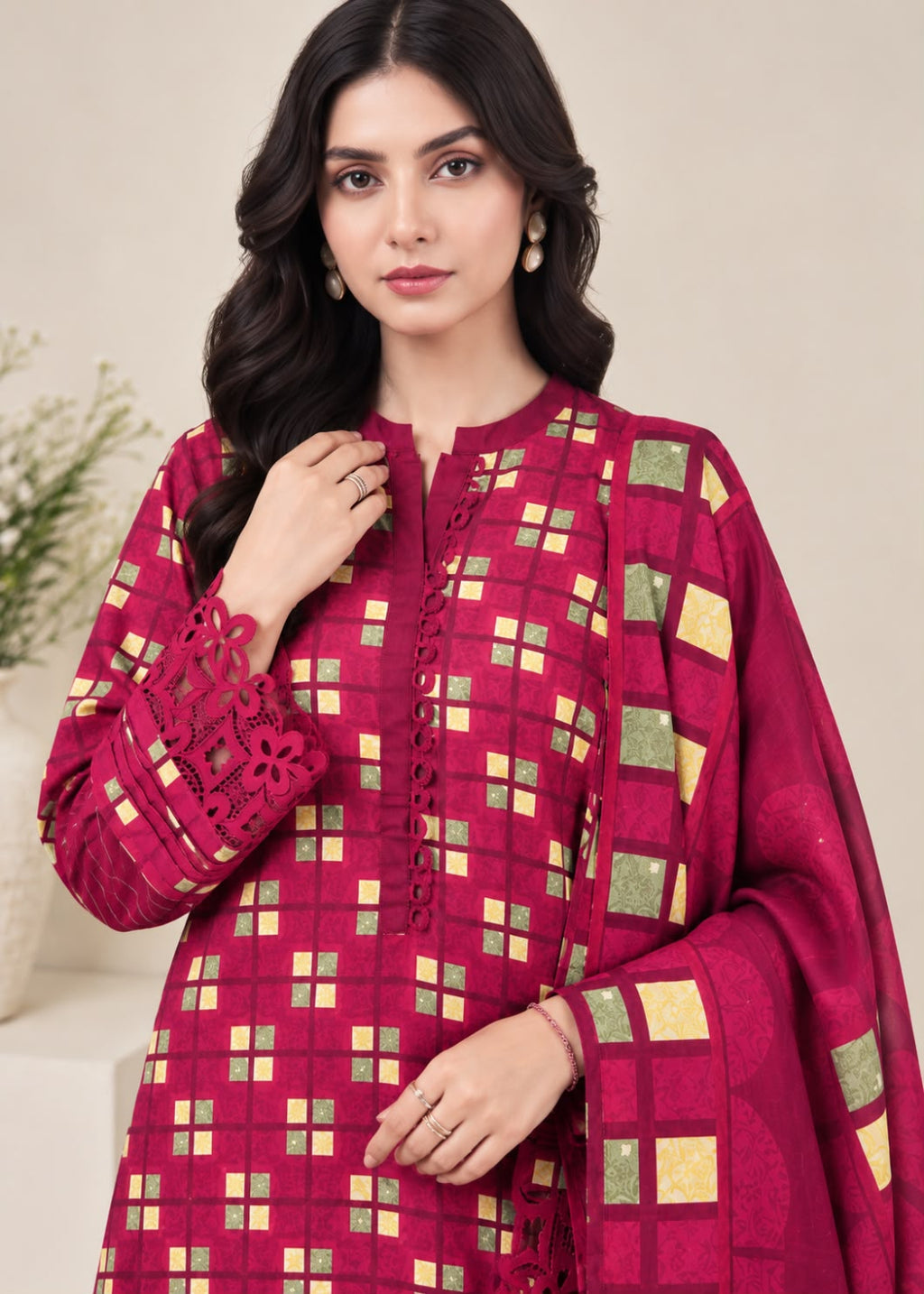 A woman modeling a deep magenta three-piece salwar kameez suit with gold and green geometric patterns, featuring a matching dupatta.