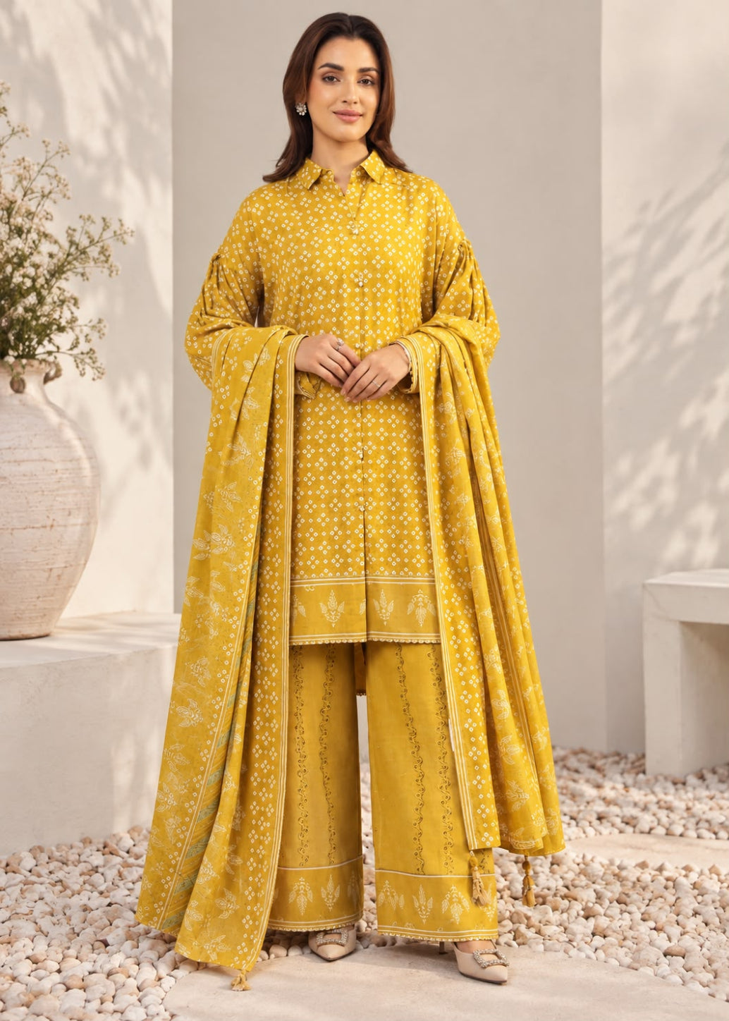 A woman models a three-piece mustard yellow ethnic suit set with white printed patterns, featuring a long-sleeve kurta, matching wide-leg trousers, and a draped dupatta, set against a modern architectural background with pebbles.