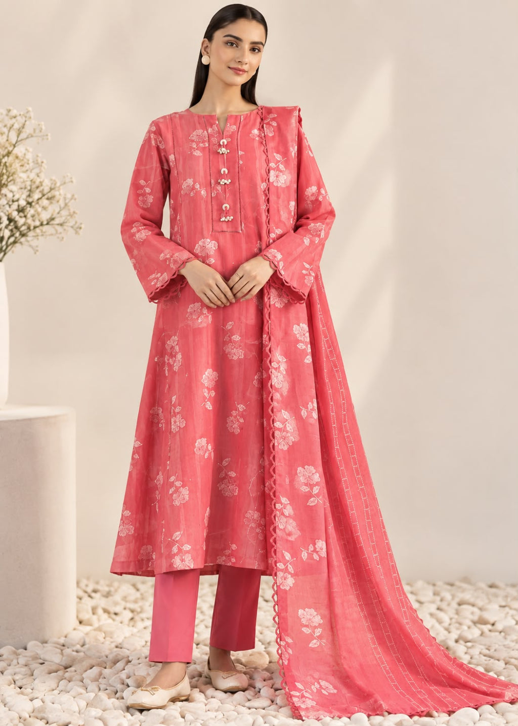 A woman models a three-piece pink ethnic suit set featuring a long kurta with white floral prints, matching trousers, and a coordinating dupatta, set against a neutral studio backdrop with decorative pebbles and a vase.