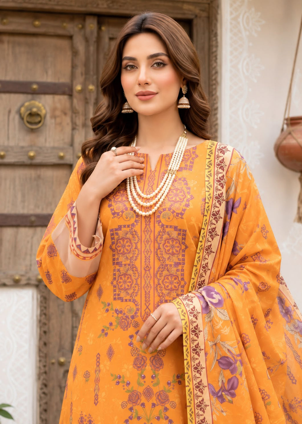 A woman models a bright orange traditional South Asian outfit with purple and gold floral patterns, paired with a matching printed dupatta, set against a rustic wooden door background.