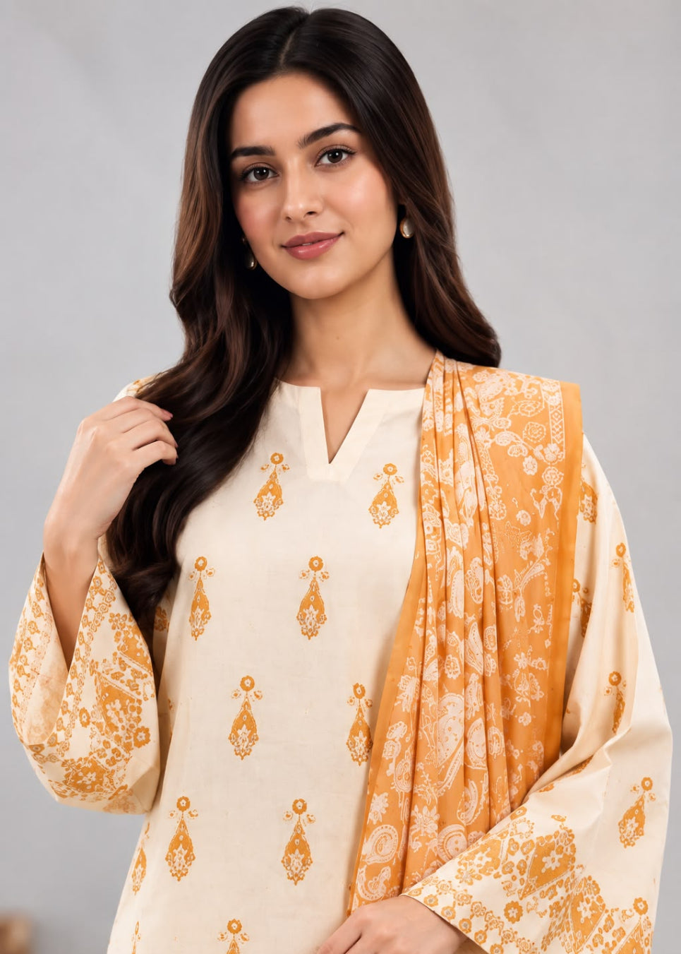 A woman modeling a cream-colored traditional kurta with orange printed motifs and a matching orange patterned dupatta, set against a plain gray studio background.