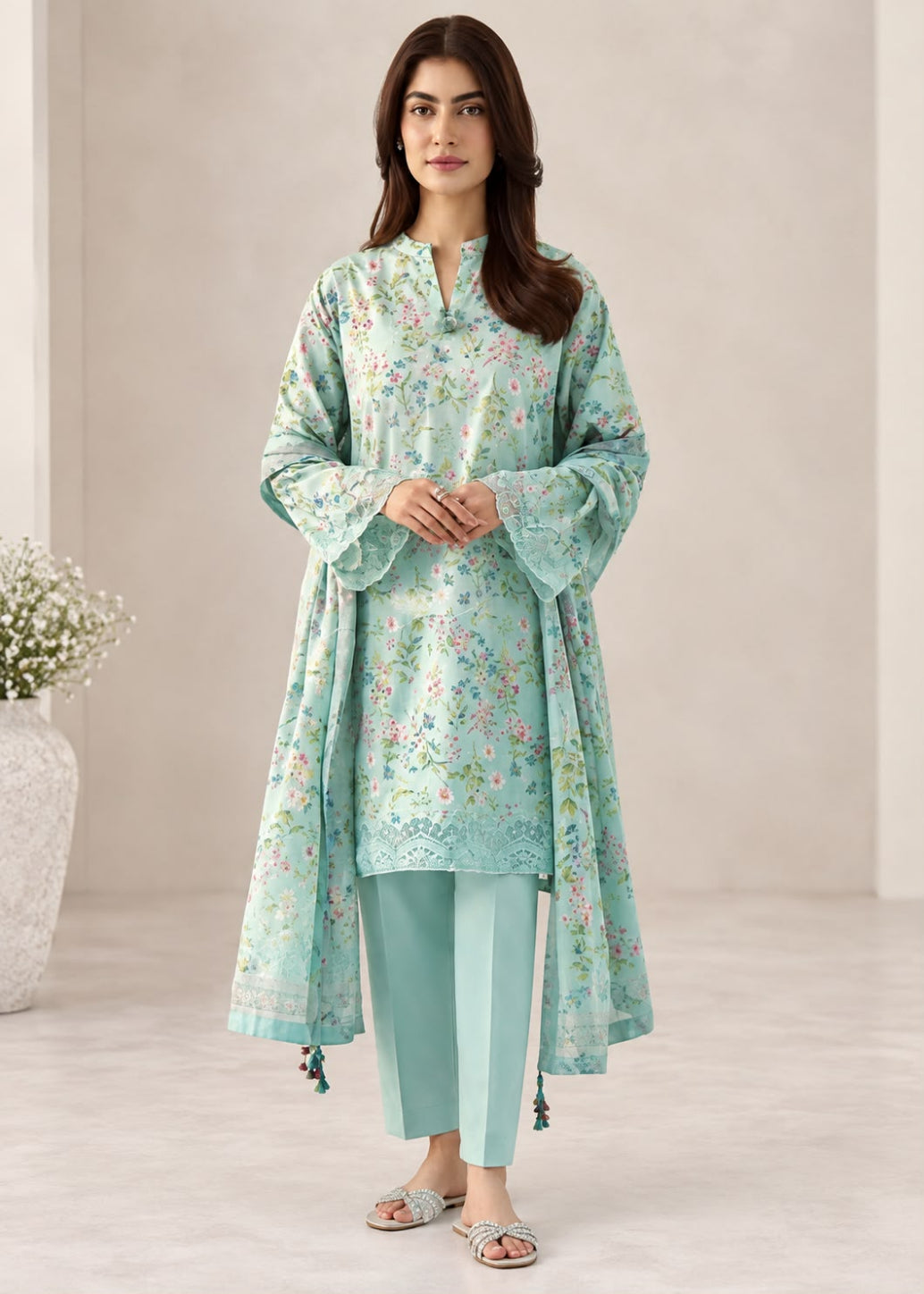 A woman models a mint green three-piece traditional outfit with a delicate floral print, featuring a long kurta, matching trousers, and a coordinating open-front cardigan, set against a neutral indoor background.