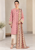 A woman models a traditional three-piece salwar kameez suit set. The set features a pink and white printed kurta with gold and beige borders, cream-colored trousers with matching printed borders, and a beige dupatta with a detailed multicolor border print.