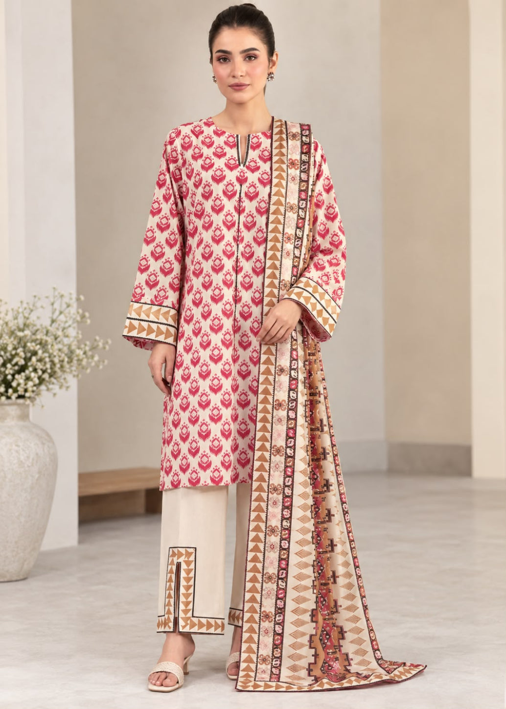 A woman models a traditional three-piece salwar kameez suit set. The set features a pink and white printed kurta with gold and beige borders, cream-colored trousers with matching printed borders, and a beige dupatta with a detailed multicolor border print.