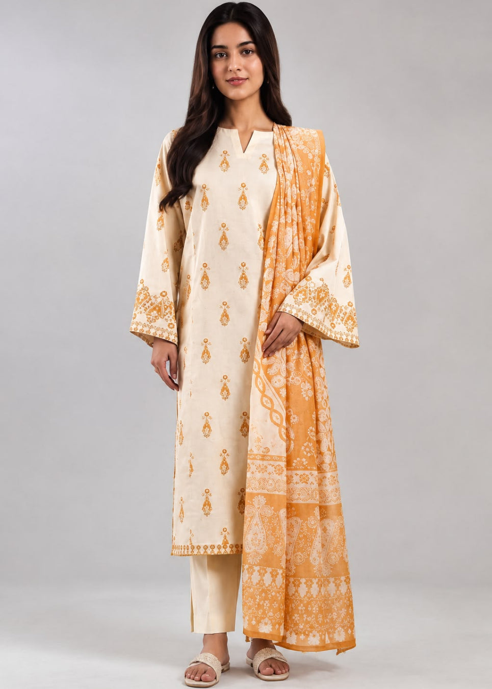 A woman modeling a traditional Indian outfit consisting of a cream-colored kurta with orange-gold motifs, matching cream trousers, and a coordinating orange-gold dupatta, set against a plain light gray studio background.