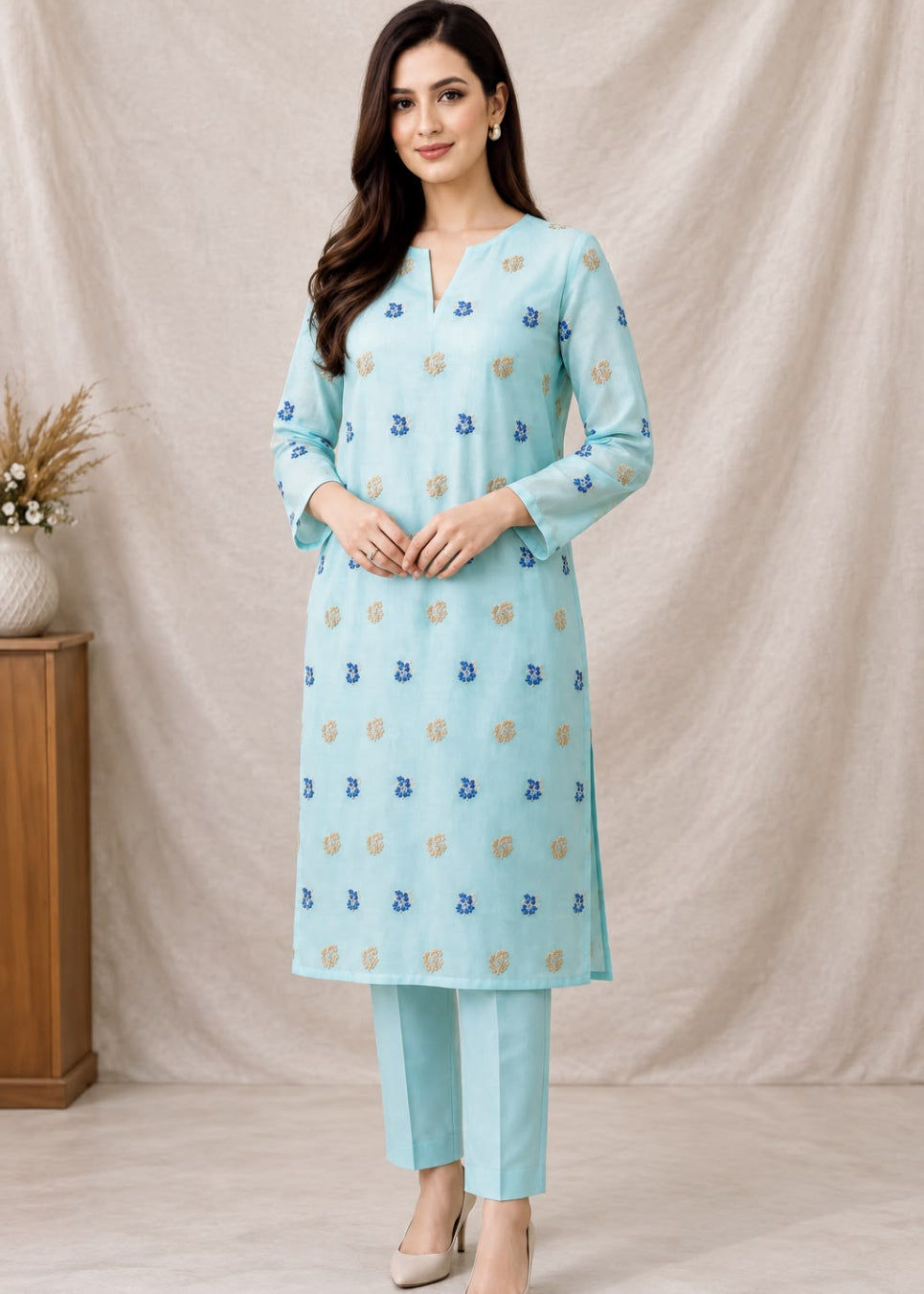 A woman models a light blue three-piece kurta set with matching trousers, featuring small blue and beige embroidered motifs, set against a neutral beige backdrop.