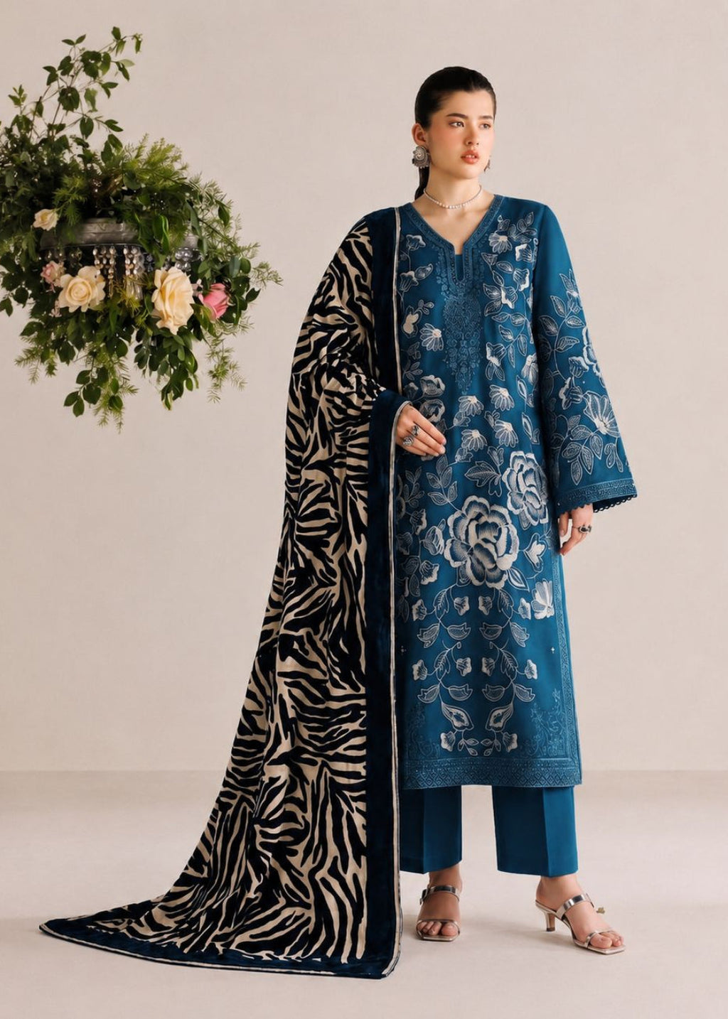 A woman models a traditional blue embroidered kurta set with matching pants and a black-and-beige patterned dupatta, posed against a neutral beige studio background with a decorative floral arrangement.