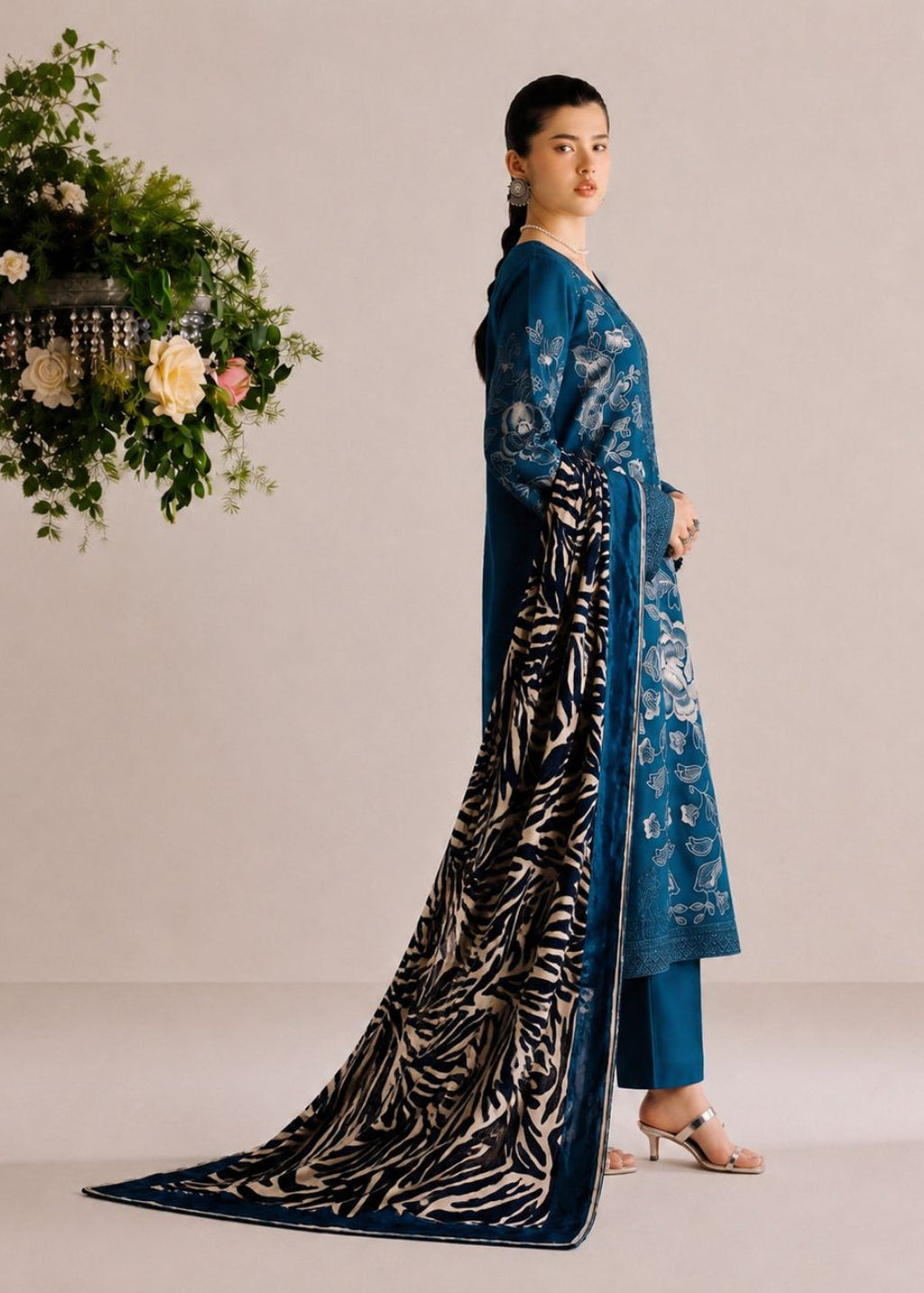 A woman models a traditional blue three-piece salwar kameez suit with floral embroidery and a matching dupatta featuring a black and beige zebra print, set against a neutral beige background with a decorative hanging floral arrangement.