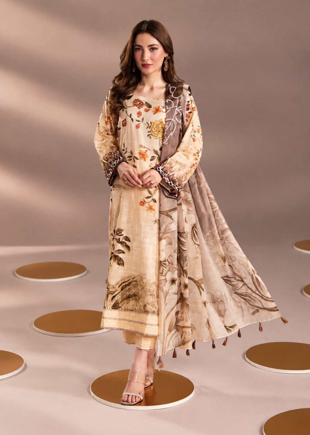 A woman models a traditional three-piece salwar kameez suit set. The set features a beige kurta with a brown and orange floral print, matching beige trousers, and a coordinating beige dupatta with brown leaf patterns and tassel trim, set against a warm beige studio backdrop with circular floor props.