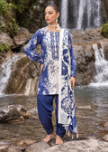 A woman stands barefoot on rocks in front of a waterfall, wearing a blue and white printed traditional outfit with a matching draped scarf.