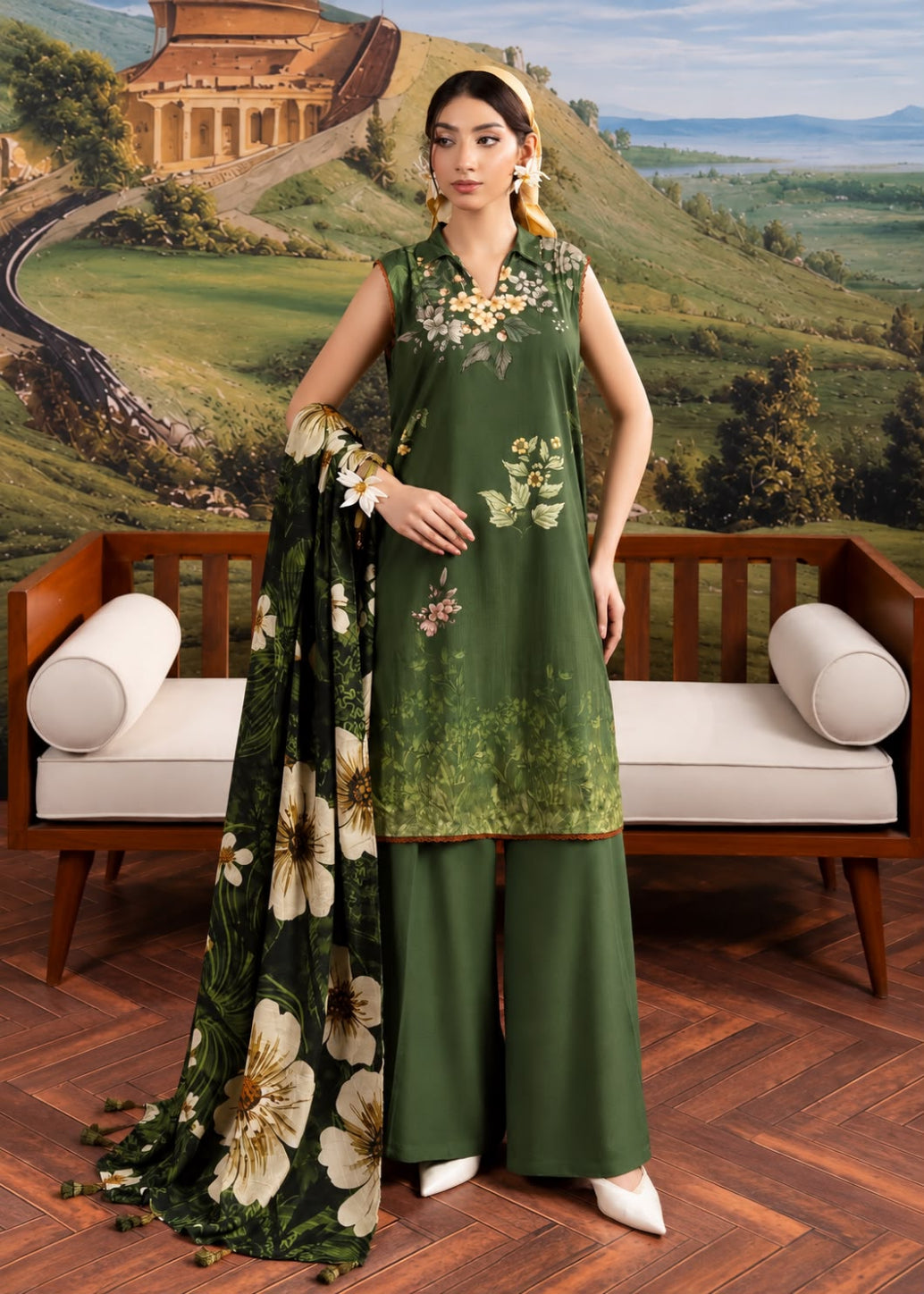 A woman models a three-piece olive green salwar suit set with a floral print dupatta, standing in front of a scenic painted backdrop and a wooden bench.