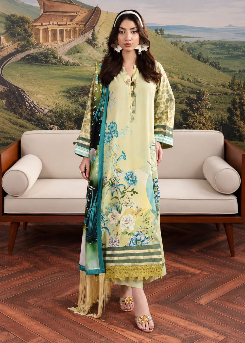 A woman models a traditional three-piece salwar kameez suit in a pale yellow-green color, featuring a floral print, a matching dupatta, and a black embroidered border. She stands in front of a beige sofa with a scenic landscape backdrop.