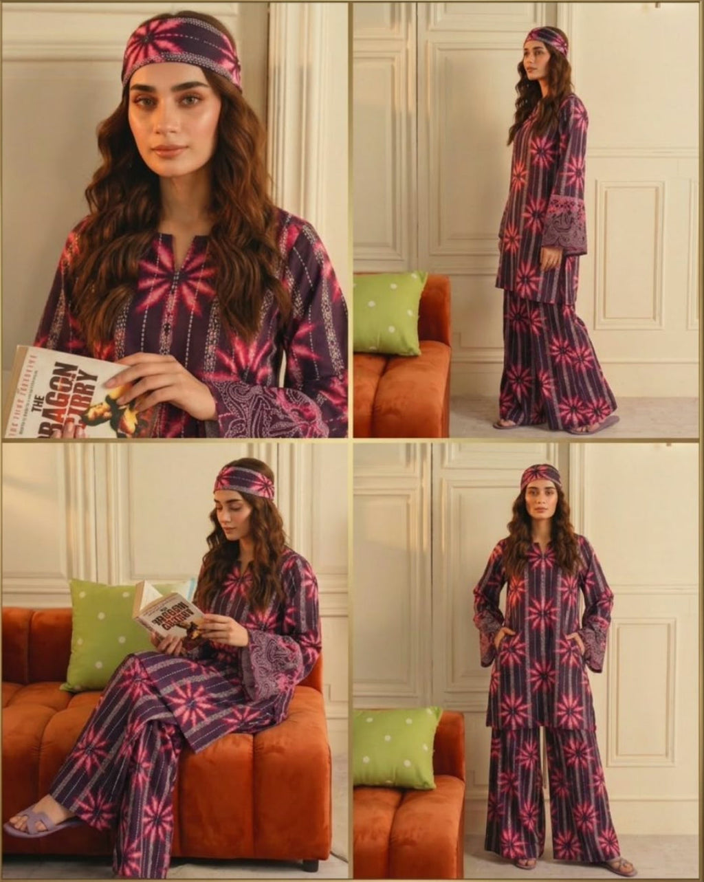 Four-panel collage showing a woman modeling a matching traditional outfit with a headscarf. The outfit has a dark base with pink and purple floral/starburst patterns.