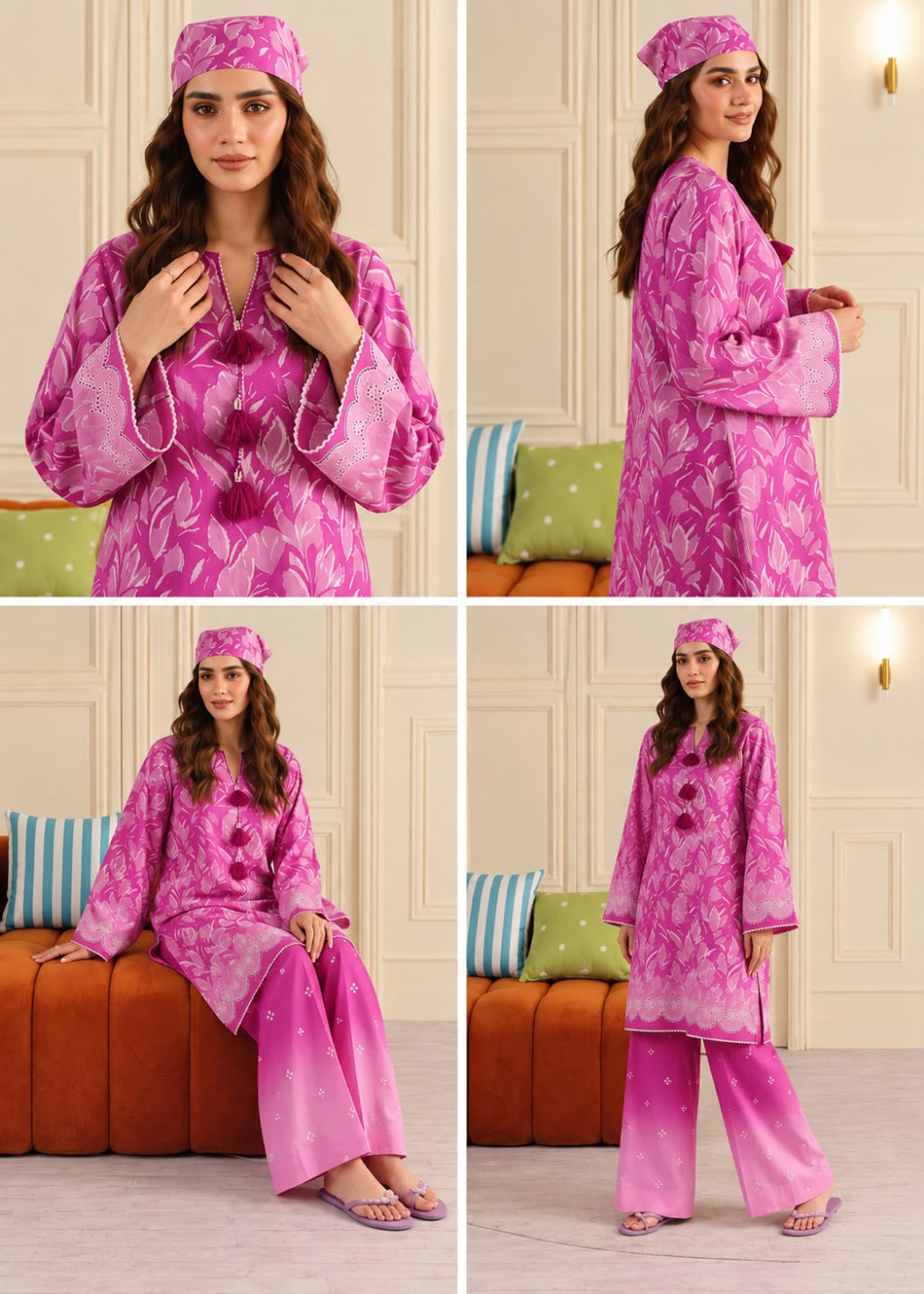 A four-panel collage showing a woman modeling a bright pink traditional outfit with a matching head covering. The outfit has a lighter pink abstract floral pattern and is styled in different poses: standing, seated on an orange sofa, and shown from the side.