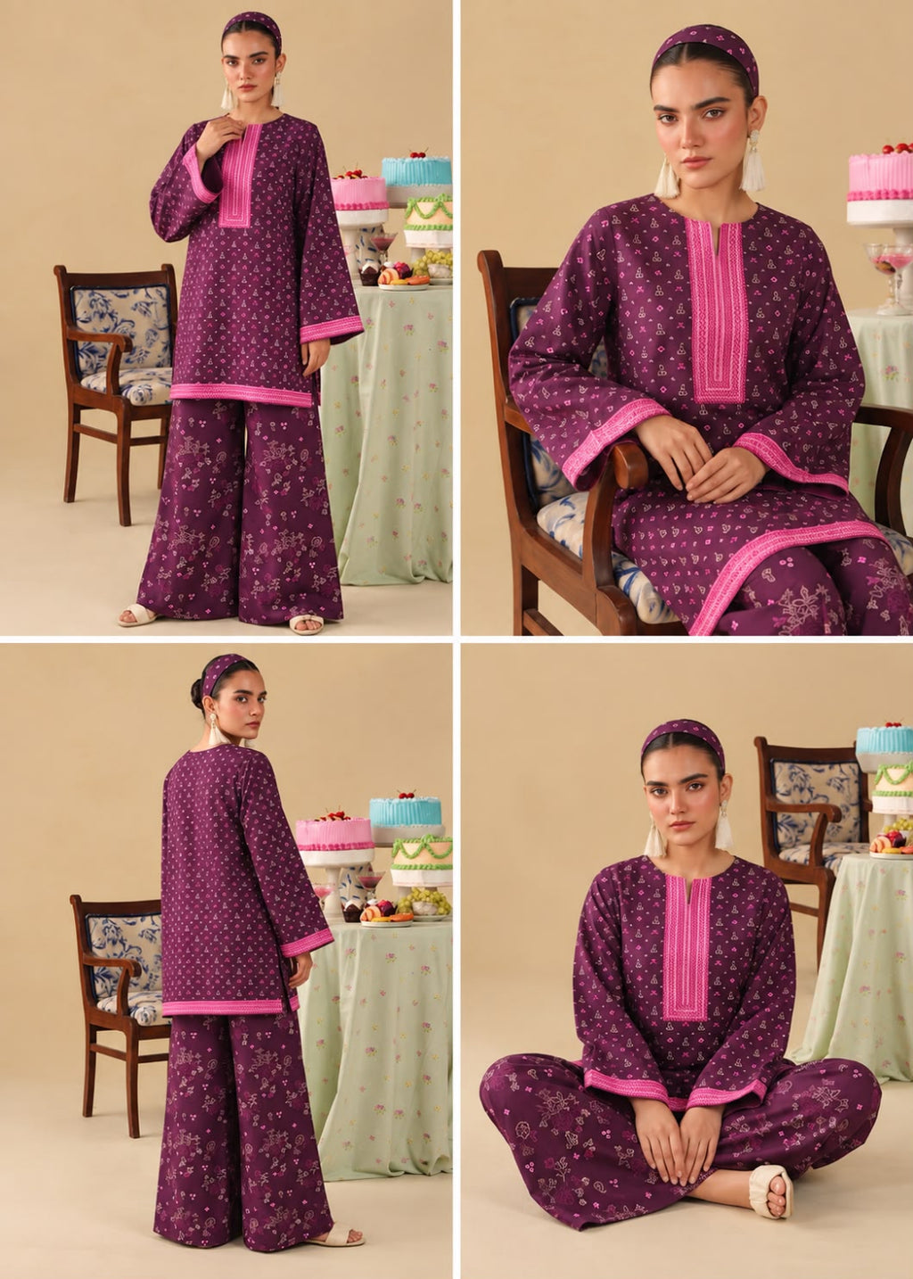 A four-panel collage showing a woman modeling a purple floral printed kurta and pant set with bright pink trim. The panels show different poses: standing, seated upright, and seated cross-legged, in a studio setting with chairs and tables in the background.