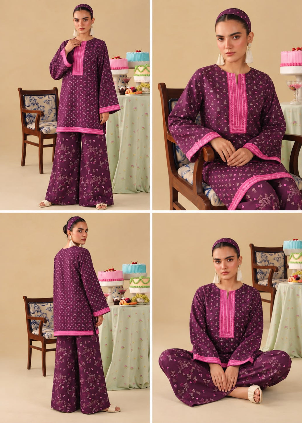 A four-panel collage showing a woman modeling a purple floral printed kurta and pant set with bright pink trim. The panels show different poses: standing, seated upright, and seated cross-legged, in a studio setting with chairs and tables in the background.