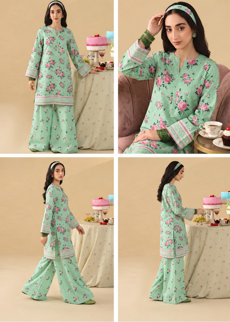 A four-panel collage showing a woman modeling a mint green floral kurta and wide-leg pant set. The set features pink and red floral prints with green and white patterned borders.