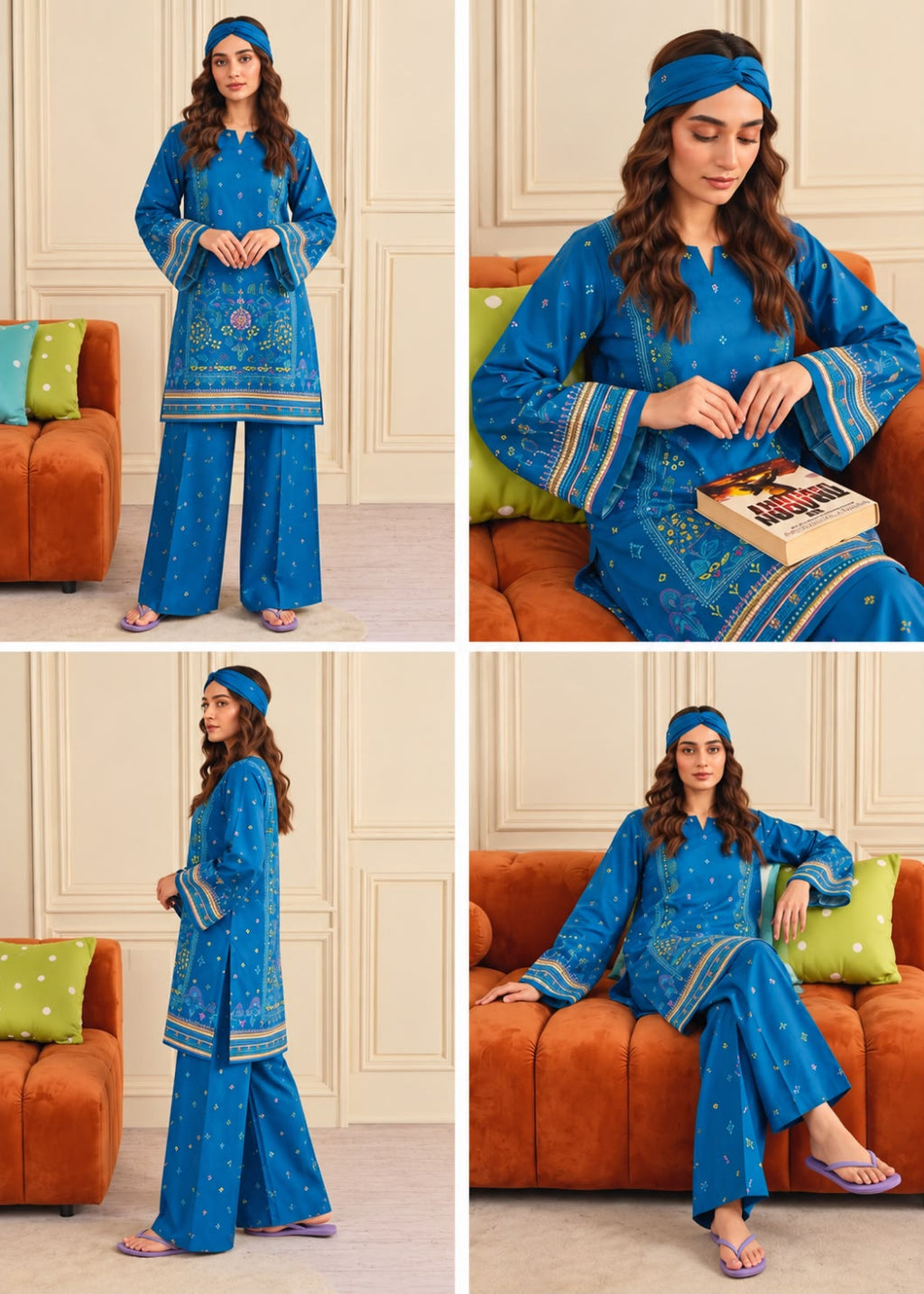 A four-panel collage showing a woman modeling a bright blue traditional outfit with matching headband in an indoor room with cream paneled walls, an orange sofa, and green pillows. The outfit has gold and white embroidered details and is shown in multiple poses, including standing, seated, and side view.