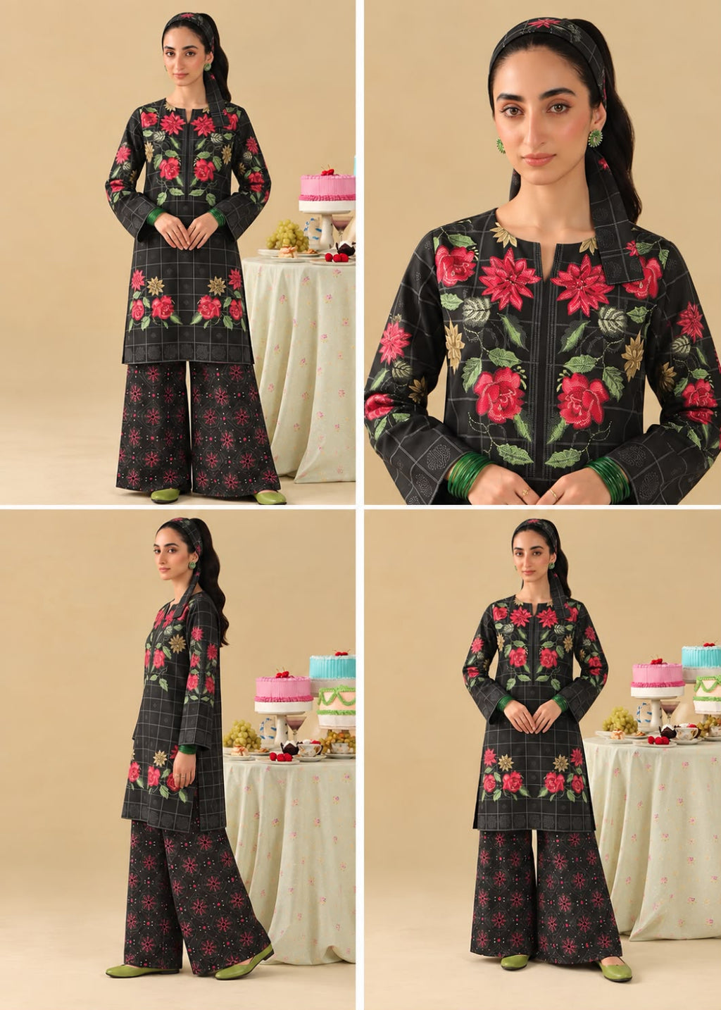 A four-panel collage showing a woman modeling a black embroidered salwar kameez set with wide flared pants. The outfit features prominent red and pink floral embroidery with green leaves on the front and sleeves.