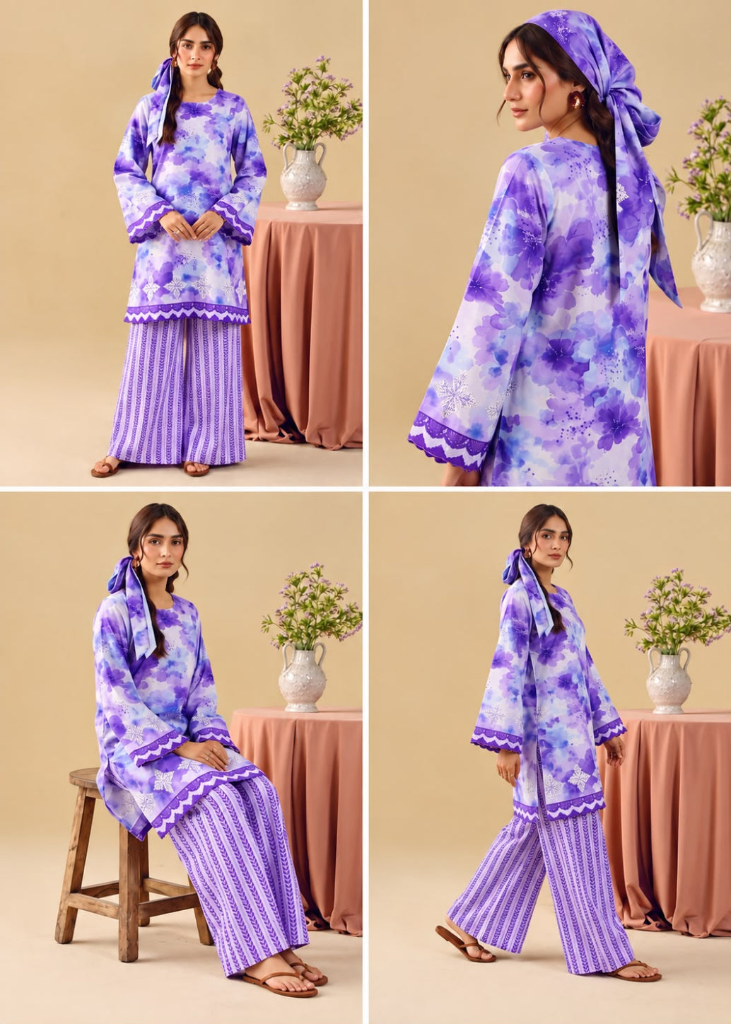 A four-panel collage showing a woman modeling a purple and blue floral printed kurta with matching striped pants and a headscarf, posed against a beige studio backdrop with decorative tables and flowers.