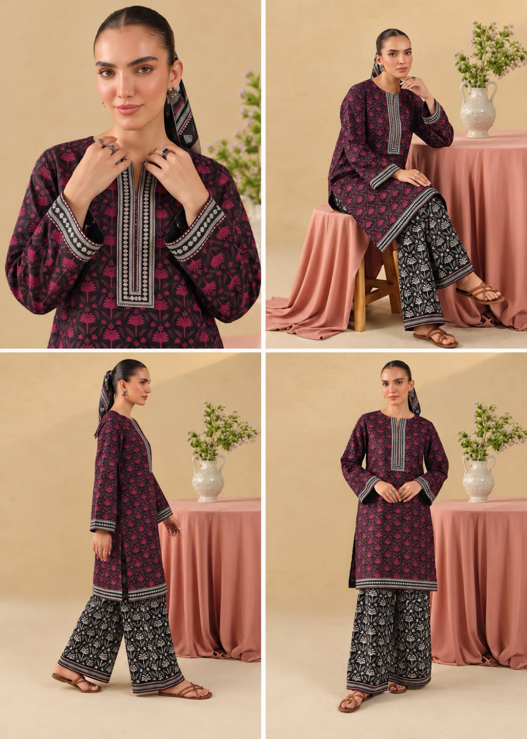 A four-panel collage showing a woman modeling a traditional South Asian outfit. The set includes a long-sleeve kurta and wide-leg pants in a deep purple/maroon base with black and white geometric border patterns and floral motifs.
