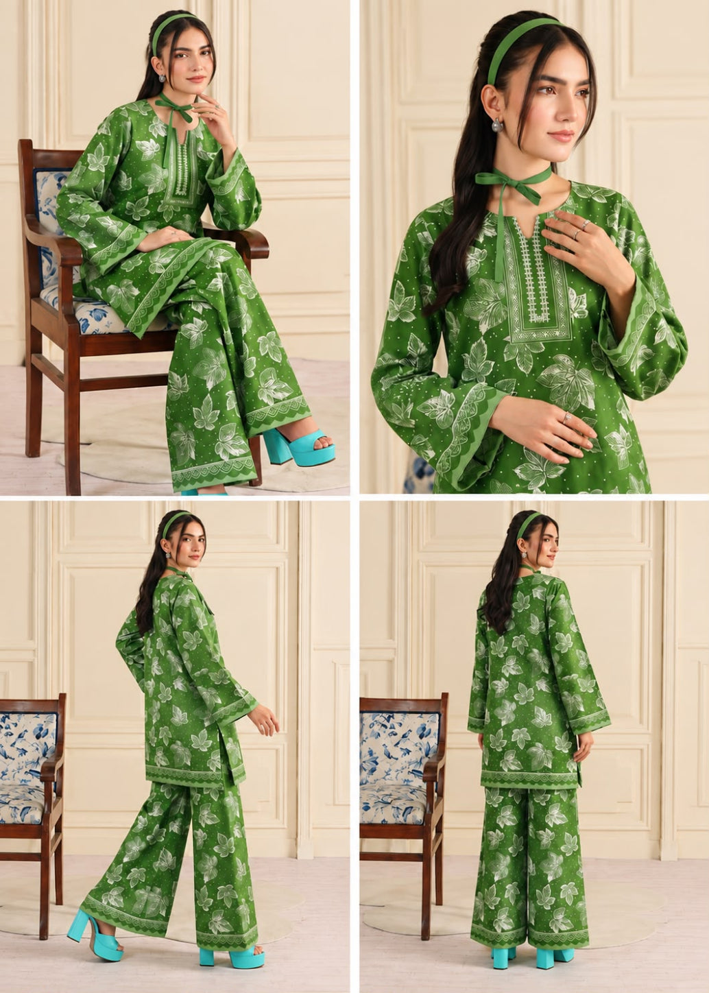 A four-panel collage showing a woman modeling a green traditional outfit with a white floral print. The set includes a long-sleeve top with a tie-neck detail, matching wide-leg pants, and a coordinating headband.