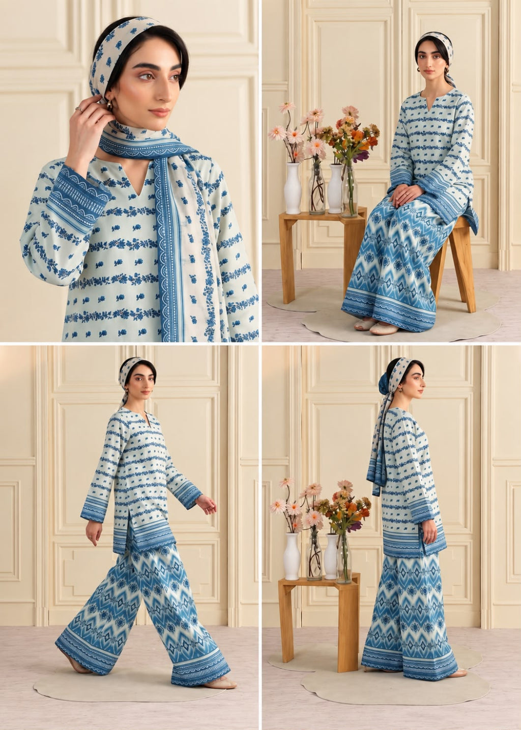 A four-panel collage showing a woman modeling a matching blue and white patterned traditional outfit with a headscarf, posed indoors against cream paneled walls with floral arrangements and a small wooden table.