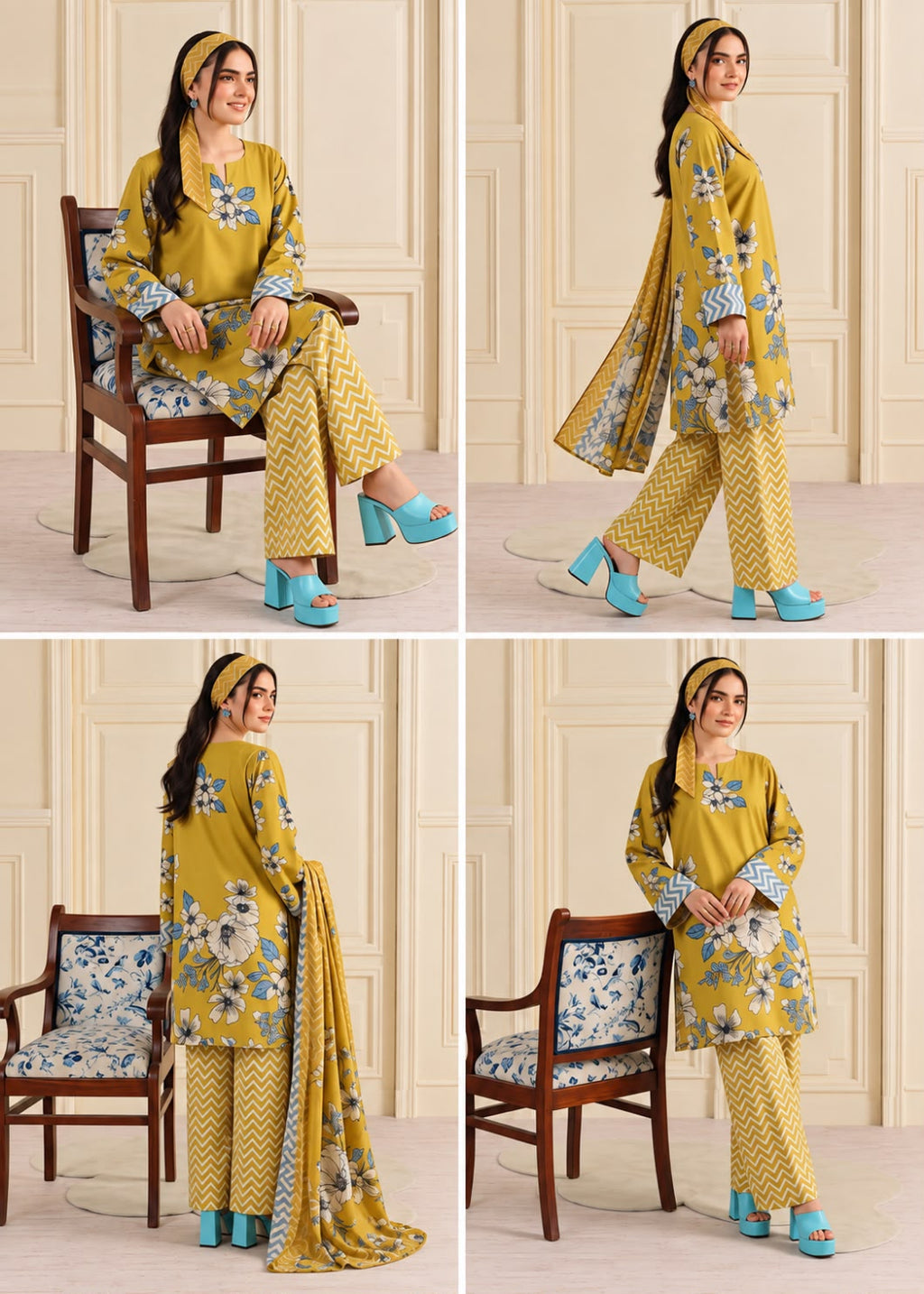 A woman modeling a mustard yellow 3-piece salwar kameez suit set with blue and white floral prints, shown in a four-panel collage from different angles. The set includes a long kurta, wide-leg trousers, and a dupatta, styled with a matching headband and turquoise heels.