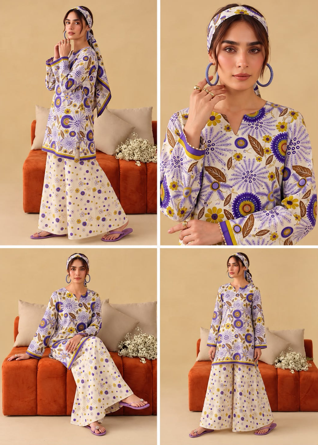A four-panel collage showing a woman modeling a printed traditional outfit. The outfit has a cream base with purple, blue, and yellow floral and geometric patterns, paired with a matching headband.