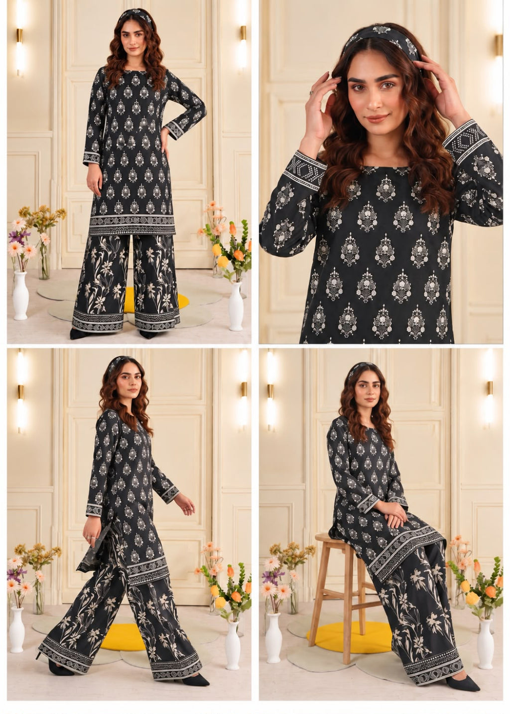 A four-panel collage showing a woman modeling a black and white printed traditional kurta set with wide-leg pants in an indoor studio setting with floral decor.