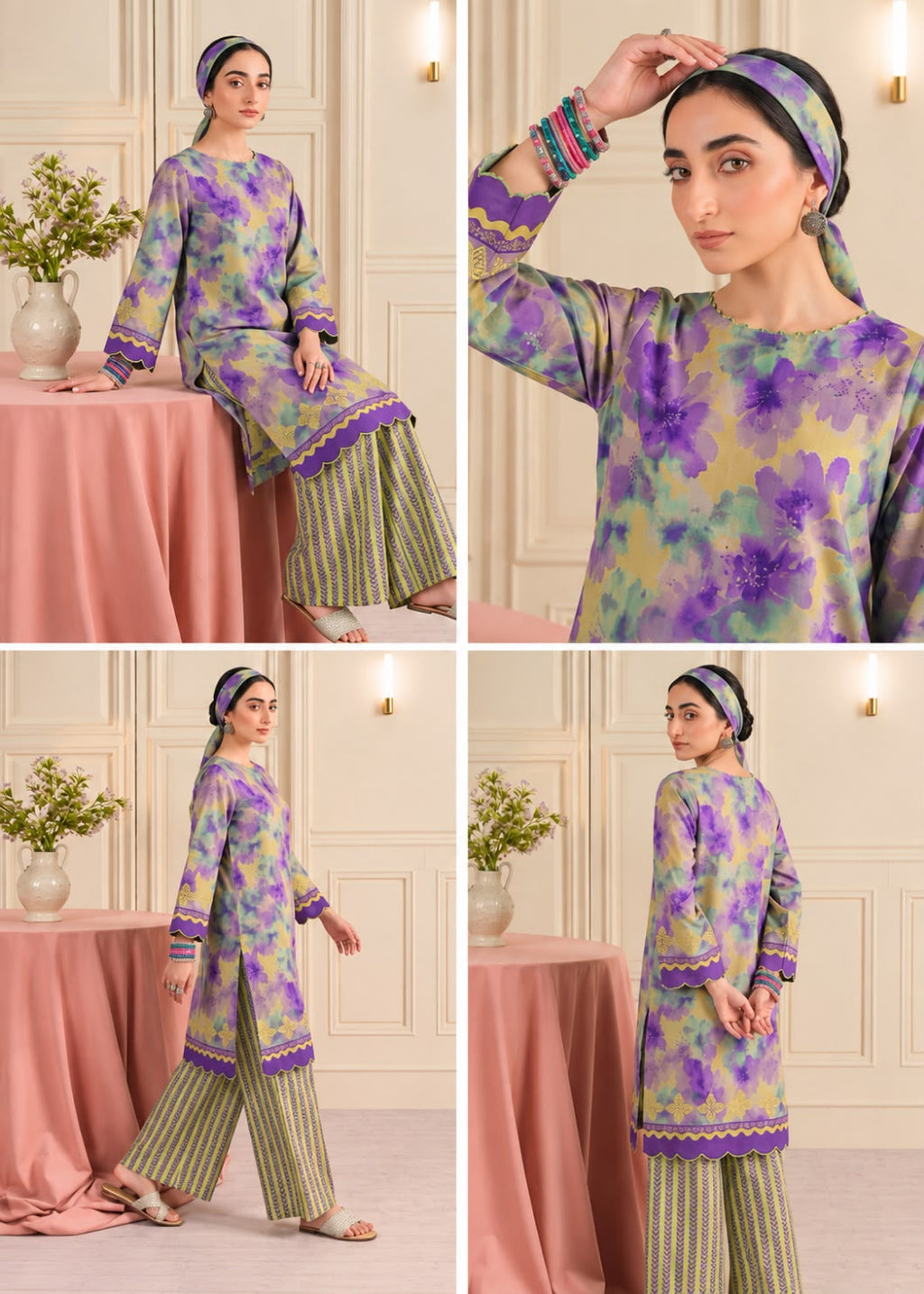 A four-panel collage showing a woman modeling a purple and green floral printed kurta with striped pants and a matching headscarf in an elegant indoor setting with pink draped tables.