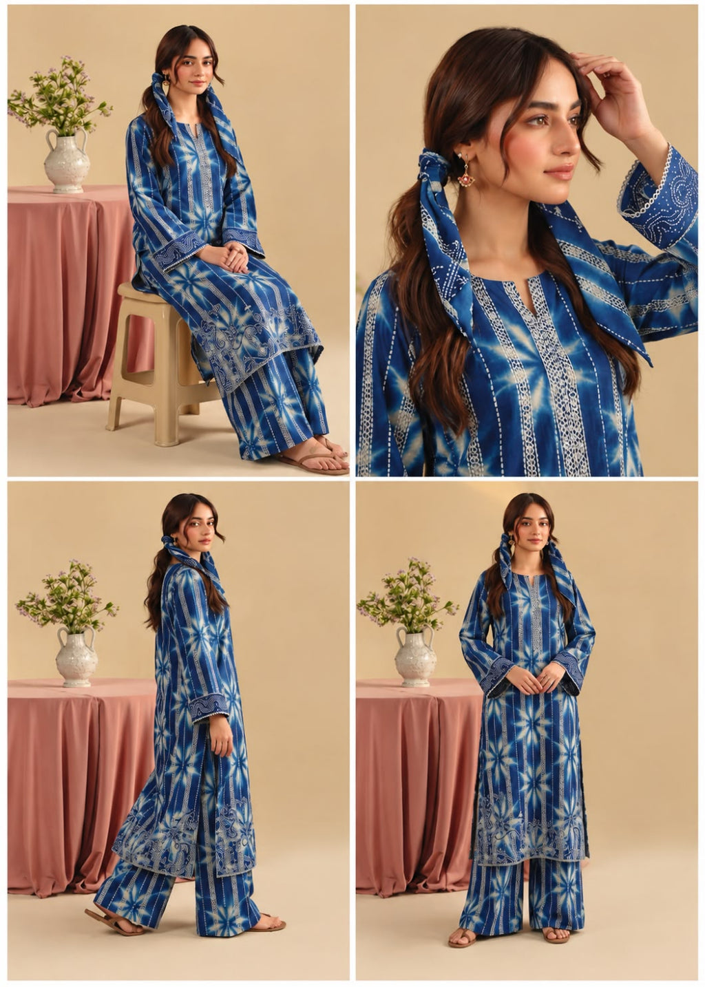 A four-panel collage showing a woman modeling a blue and white tie-dye traditional outfit, featuring a long kurta and wide-leg pants, posed in front of a beige backdrop with a pink draped table and vase.
