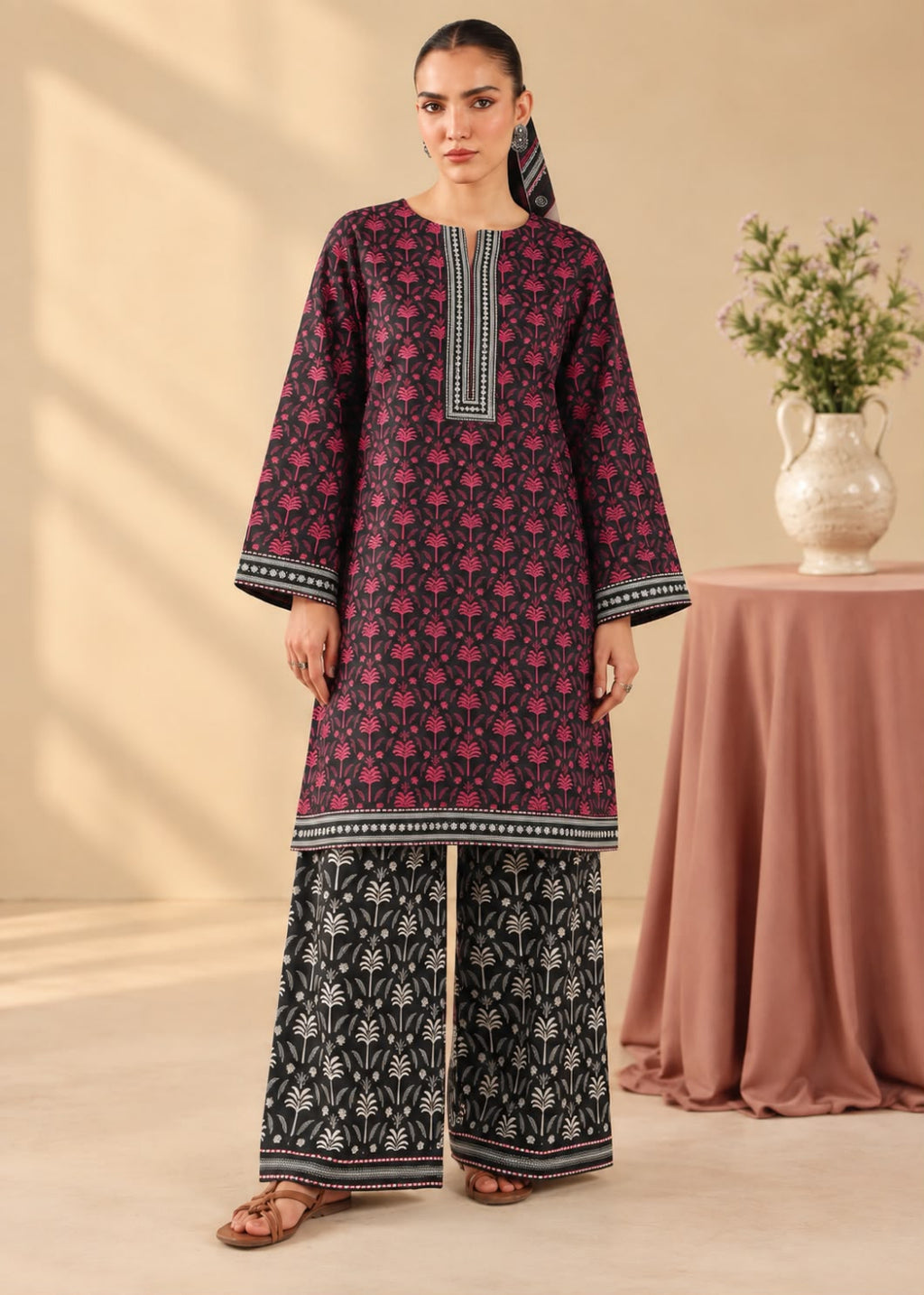 A woman models a traditional Indian outfit consisting of a dark red kurta with black and white floral prints and matching wide-leg pants with black and white botanical patterns, set against a warm beige background with a table and vase of flowers.
