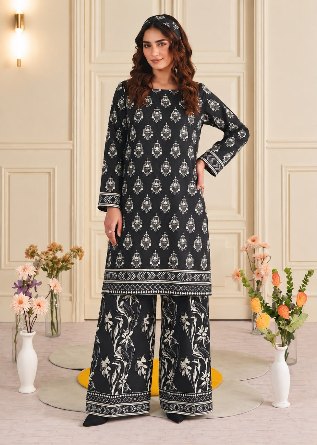 A woman models a black three-piece salwar kameez suit with white floral and geometric patterns, standing in a decorated room with floral arrangements.