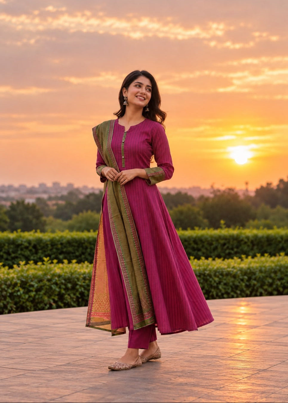 A woman wearing a magenta three-piece salwar kameez suit with a green patterned dupatta, standing outdoors at sunset.