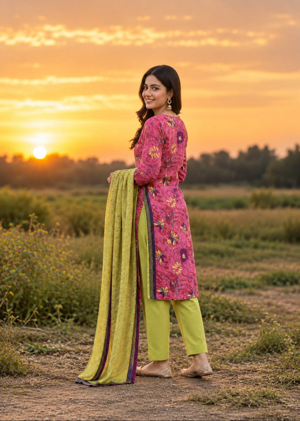 A woman stands outdoors in a field at sunset wearing a pink floral kurta with yellow-green pants and holding a lime green dupatta.