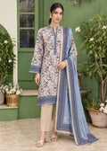 A woman models a traditional three-piece salwar kameez suit set. The set features a light beige kurta with blue floral embroidery and a matching blue border, paired with light beige trousers and a light blue dupatta with a rich blue border.