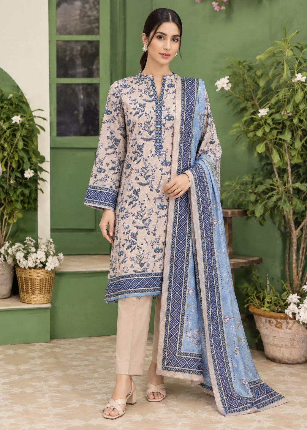 A woman models a traditional three-piece salwar kameez suit set. The set features a light beige kurta with blue floral embroidery and a matching blue border, paired with light beige trousers and a light blue dupatta with a rich blue border.