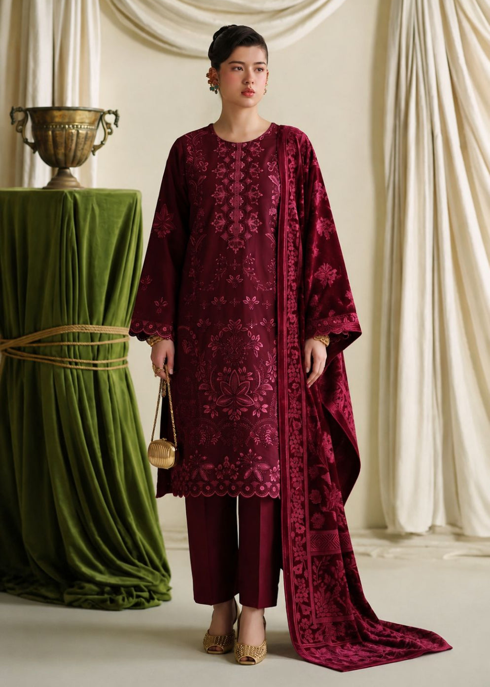 A woman models a traditional deep maroon embroidered kurta set with matching trousers and dupatta, standing in front of draped cream curtains with a green velvet draped pedestal on the left.