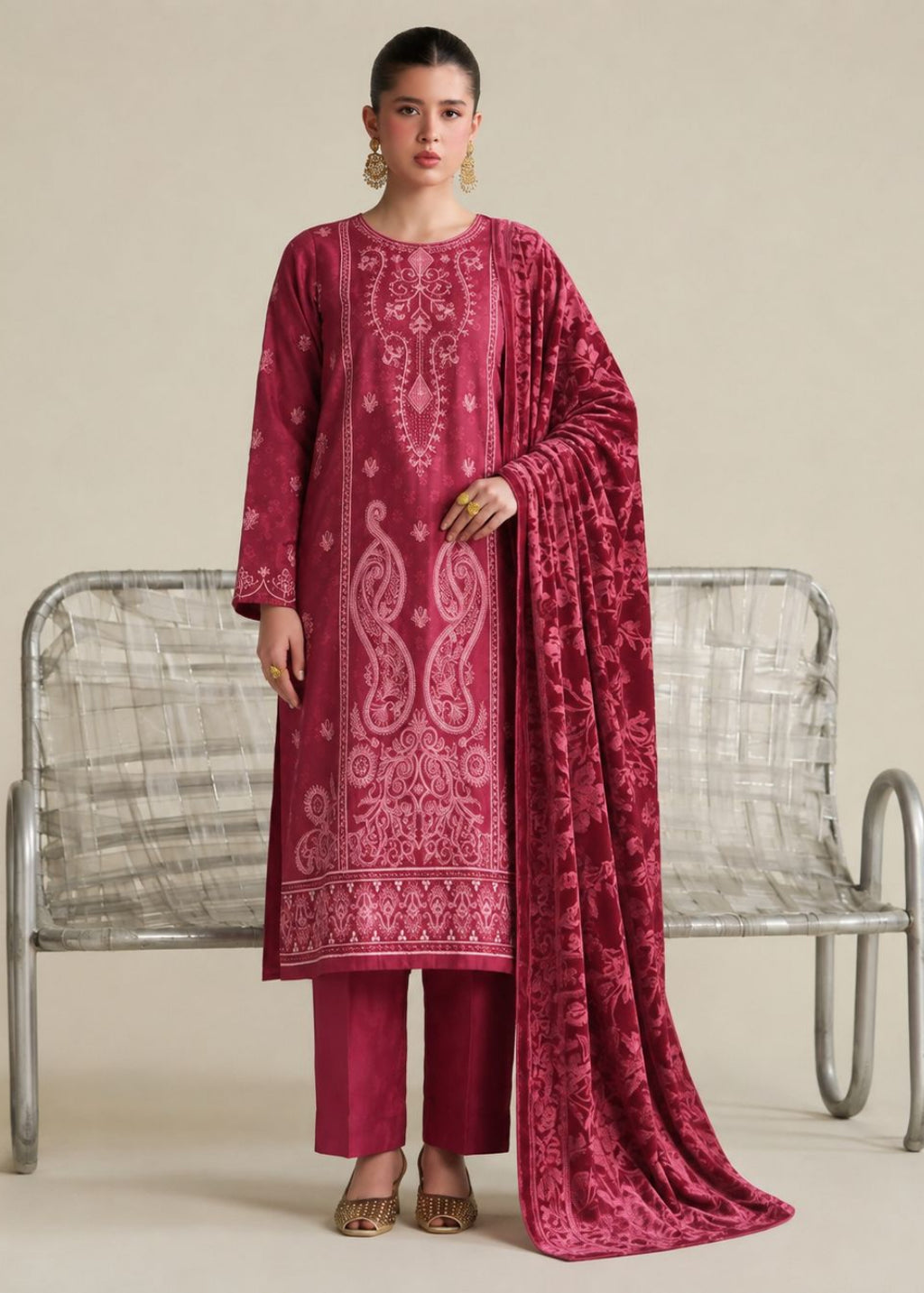A woman models a three-piece traditional outfit consisting of a long-sleeved kurta with intricate paisley embroidery, matching trousers, and a draped dupatta, all in a deep magenta color. She stands in front of a modern silver metal bench on a solid beige background.
